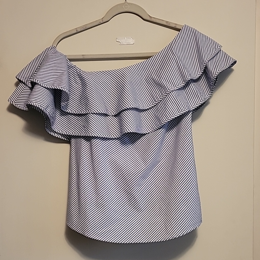 White House Black Market Blue and White Off-the-Shoulder Ruffled Blouse